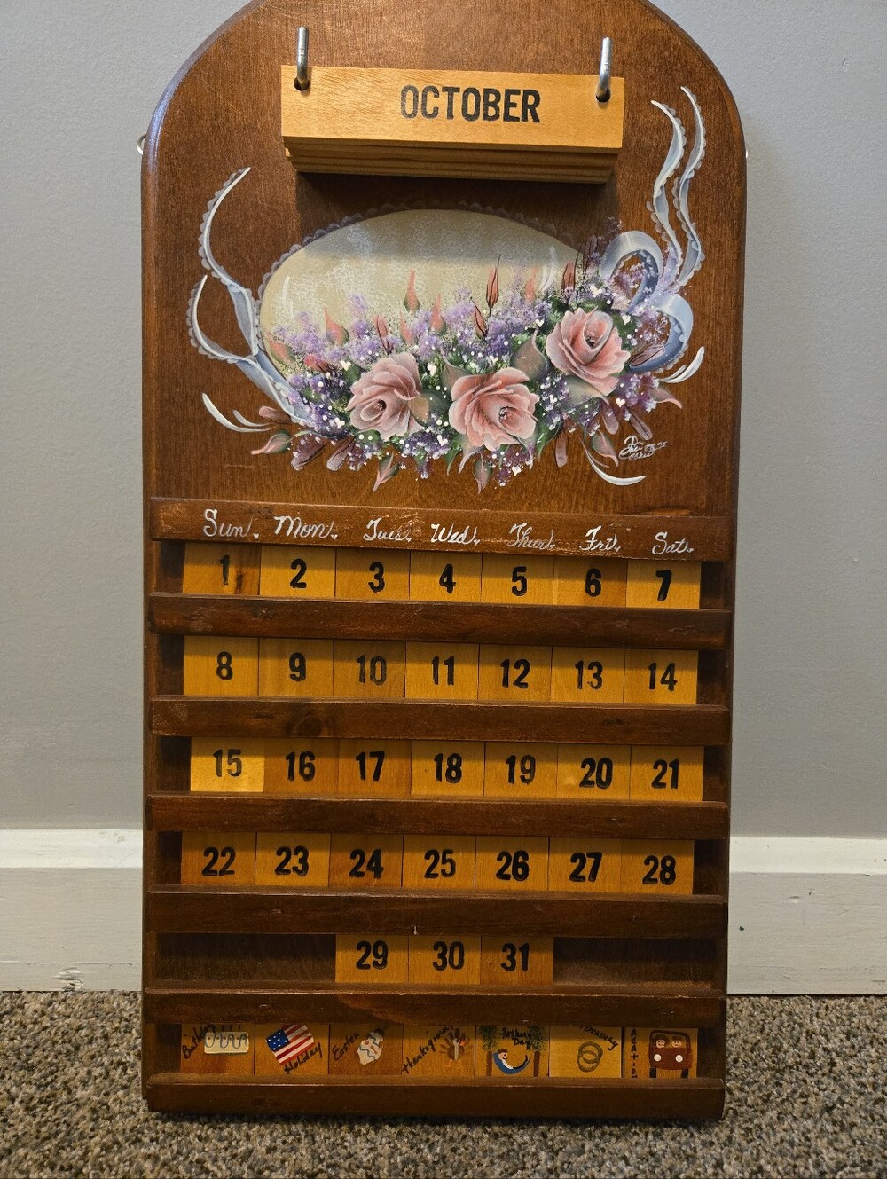 Vintage Hand Painted Perpetual Wall Calender. Floral.  Cottagecore. Folk Art
